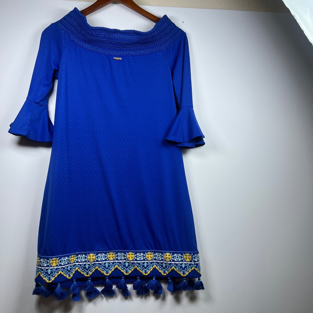 Cabana Life Shift Dress Resort Boho Tassel Embroidered M Blue Coastal Tassels - Picture 3 of 11